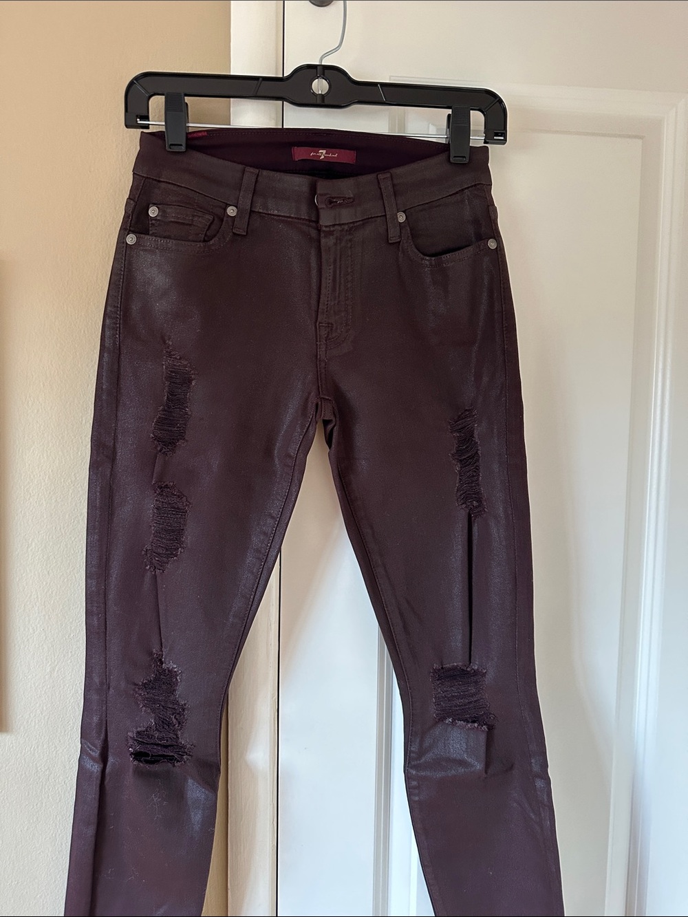 7 For All Mankind Skinny Coated distressed Jeans in Plum